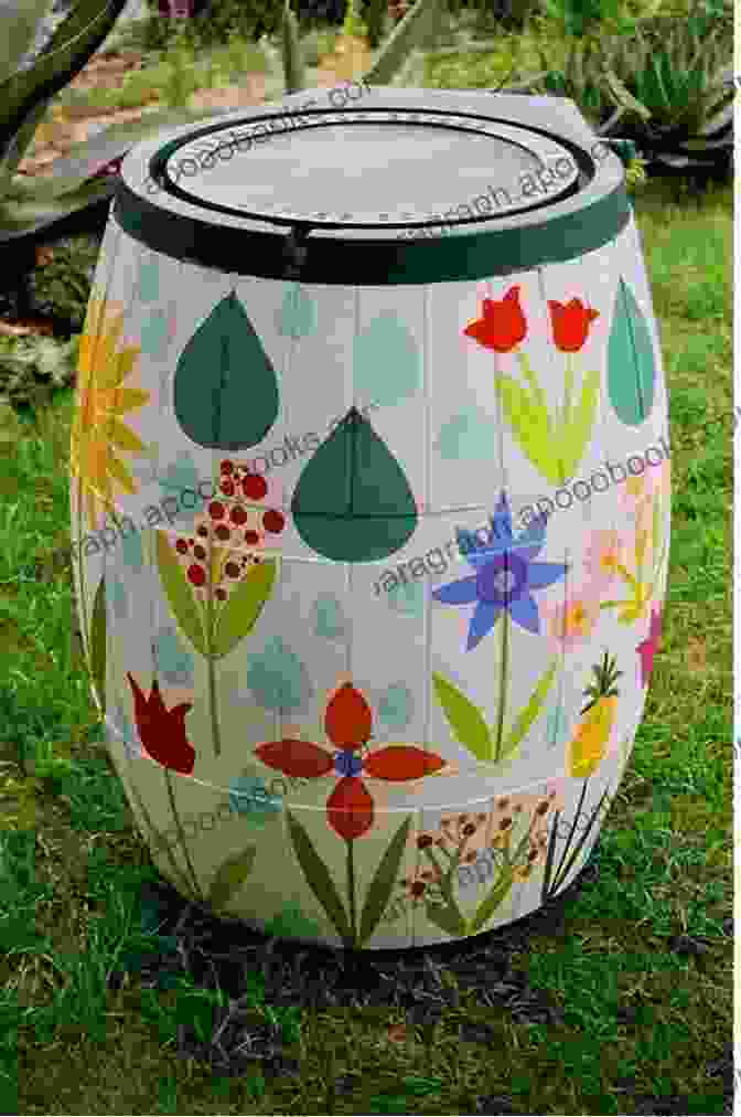 A Decorative Rain Barrel Painted With A Whimsical Design The Rain Barrel Frank Ormsby