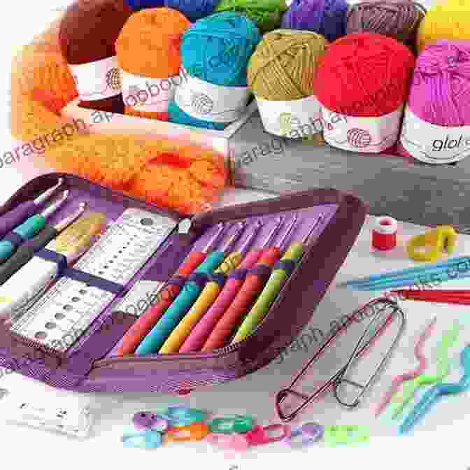 An Assortment Of Essential Materials And Tools For Beaded Crochet, Including Crochet Hooks, Yarn, Beads, A Beading Needle, And Scissors. BASIC GUIDE TO GETTING STARTED WITH BEADED CROCHET : Step By Step Guide To Make Crochet Patterns